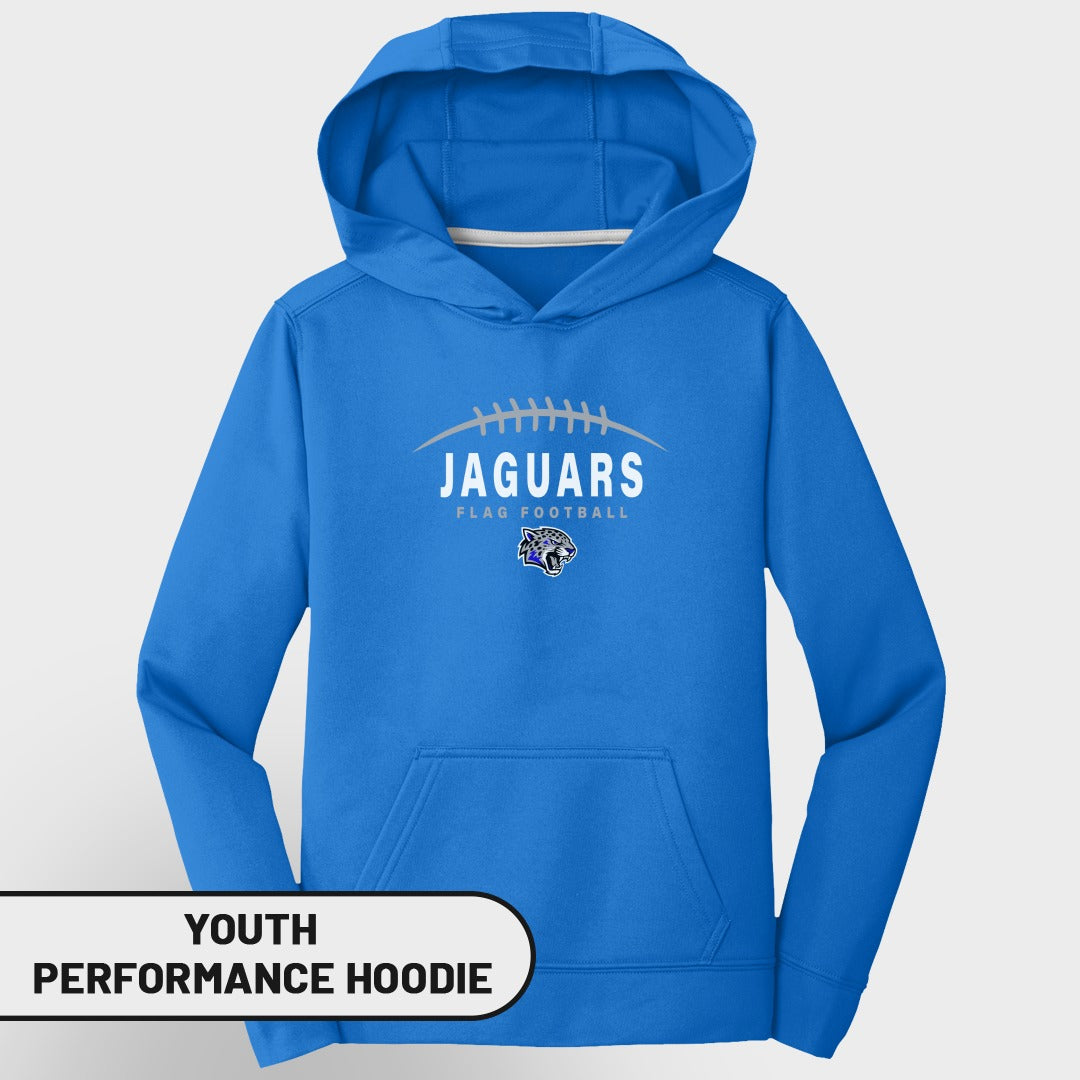 Blue youth performance hoodie with Jaguars flag football logo.