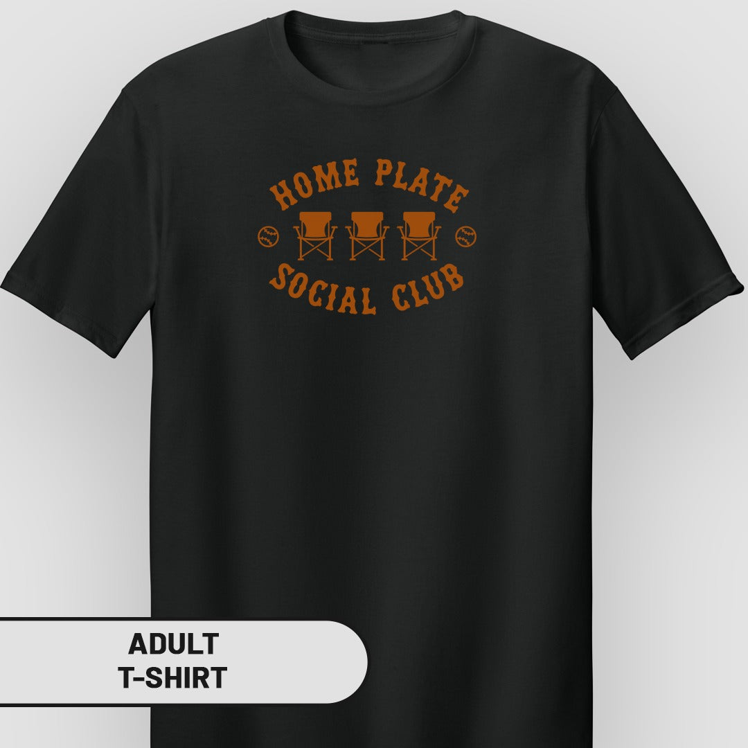 Home Plate Social Club Adult T-Shirt with Chairs Design