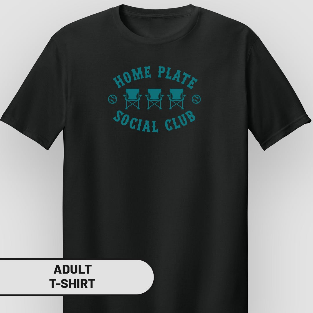 Black t-shirt with "HOME PLATE SOCIAL CLUB" and chairs graphic.