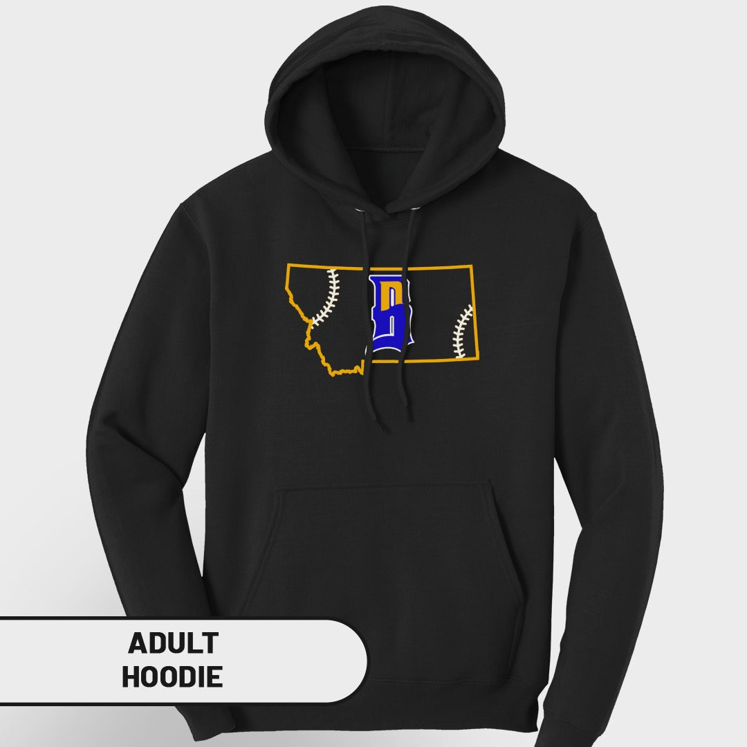 Black hoodie with Montana outline and baseball diamond logo.