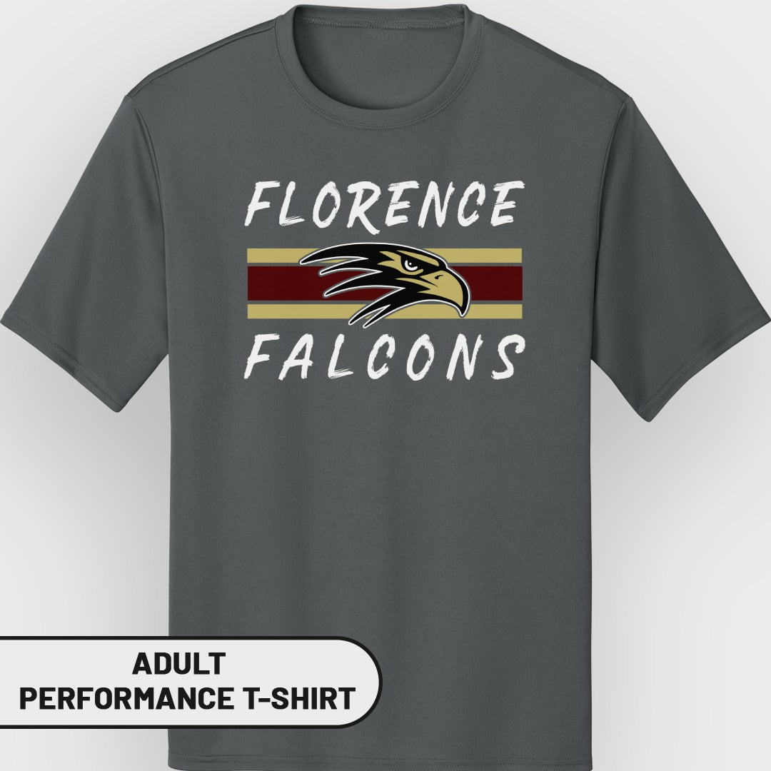 Gray adult performance t-shirt with "Florence Falcons" and a falcon logo.