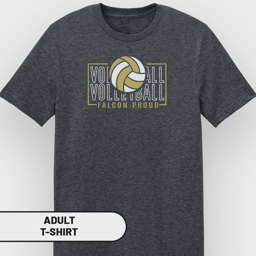 Dark grey adult t-shirt with "VOLLEYBALL" and "FALCON PROUD" text and graphic.