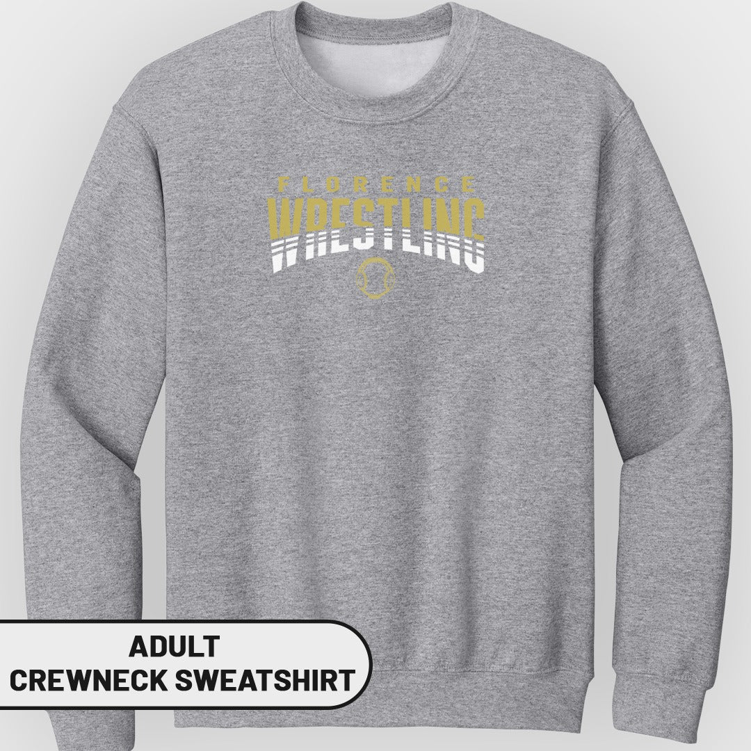 Gray adult crewneck sweatshirt with "FLORENCE WRESTLING" text graphic.