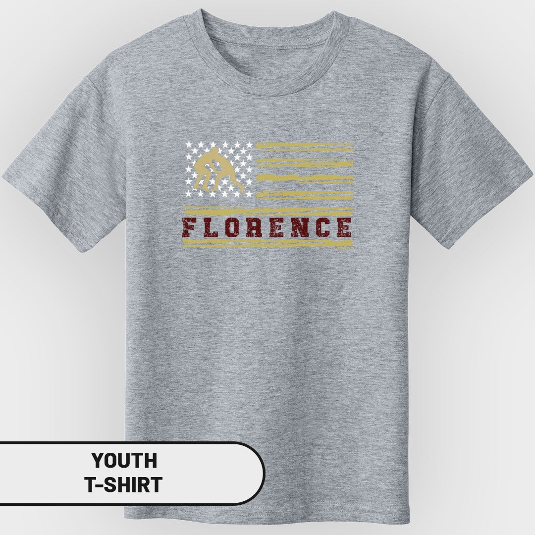 Grey youth t-shirt with distressed American flag graphic and "FLORENCE" text.