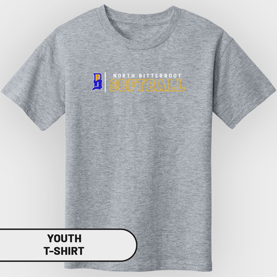 Grey youth t-shirt with yellow and blue "North Bitterroot Softball" text.