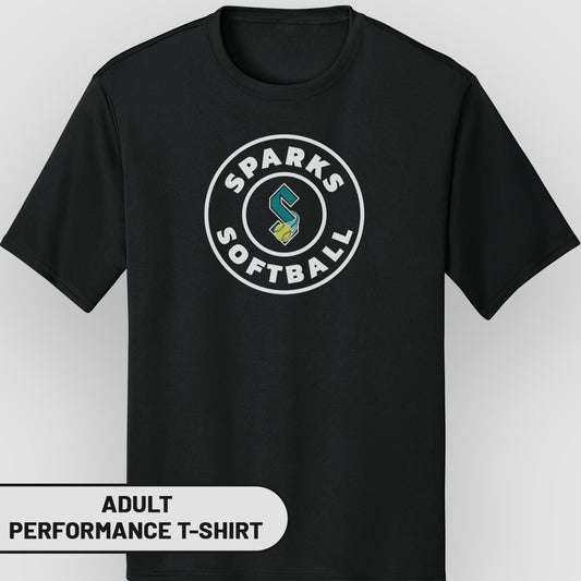 Black adult performance t-shirt with "Sparks Softball" logo on chest.