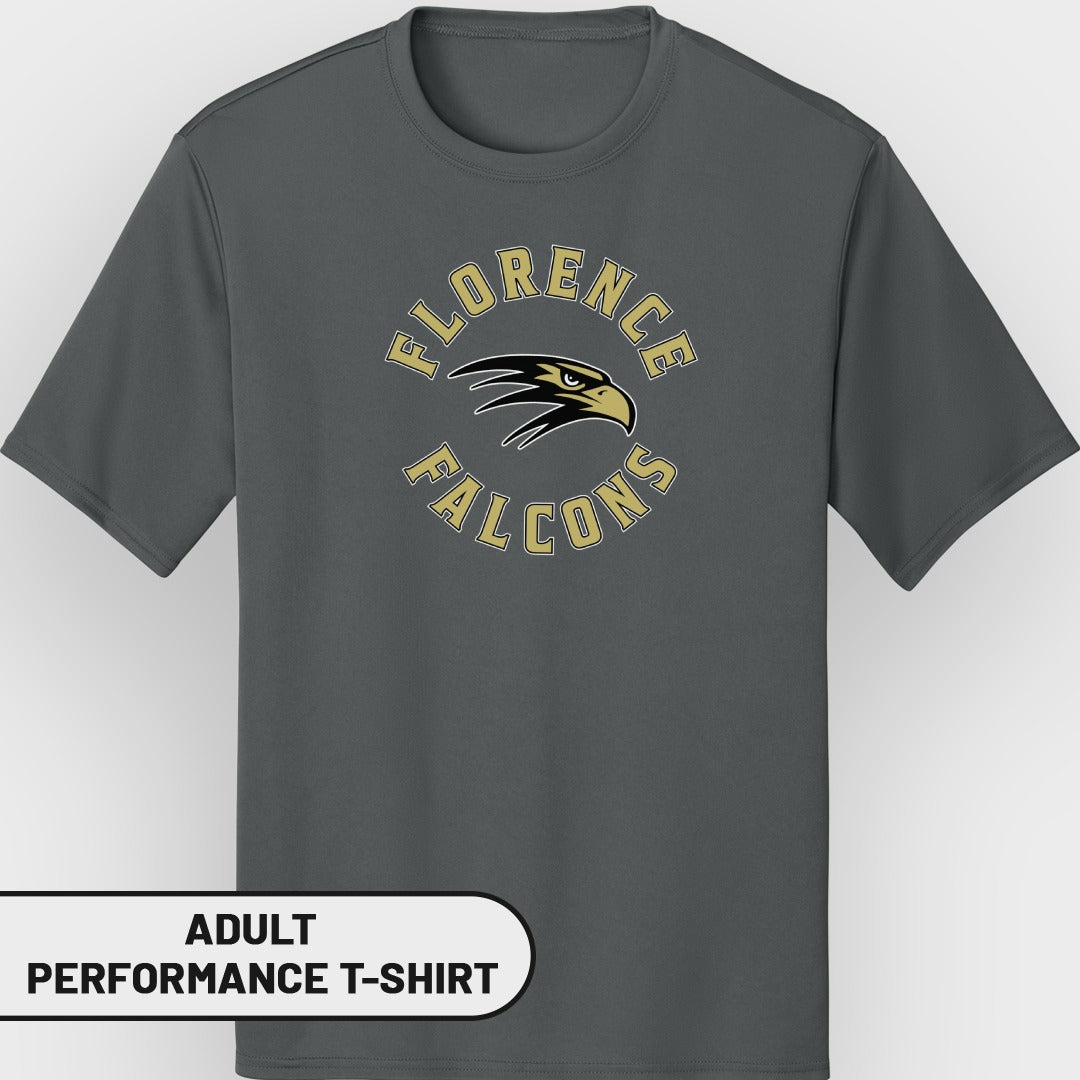 Dark gray adult performance t-shirt with "Florence Falcons" logo on chest.