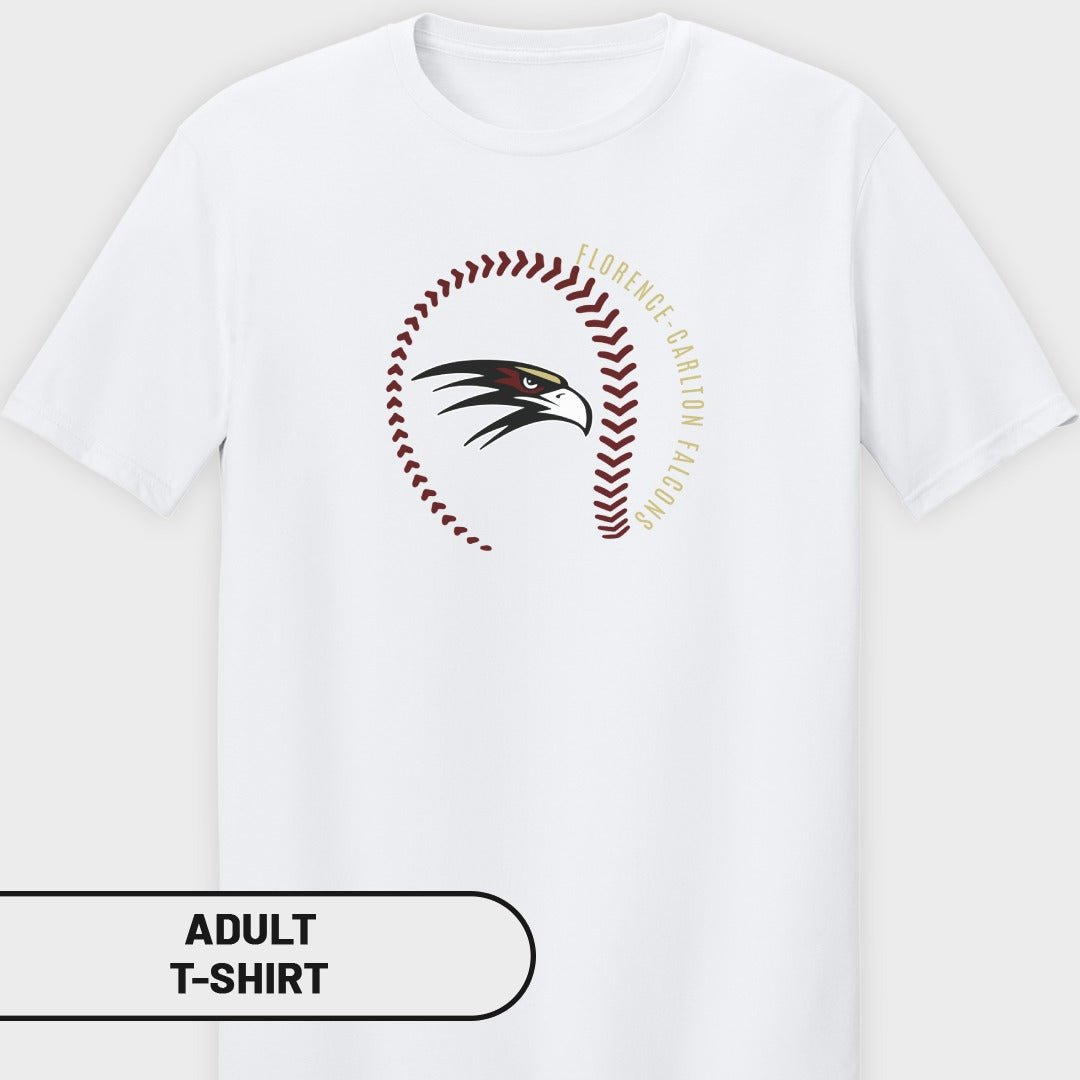 White t-shirt with a baseball stitch graphic, falcon head, and text "FLORENCE-CARLTON FALCONS".