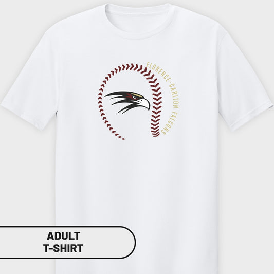 White t-shirt with a baseball stitch graphic, falcon head, and text "FLORENCE-CARLTON FALCONS".