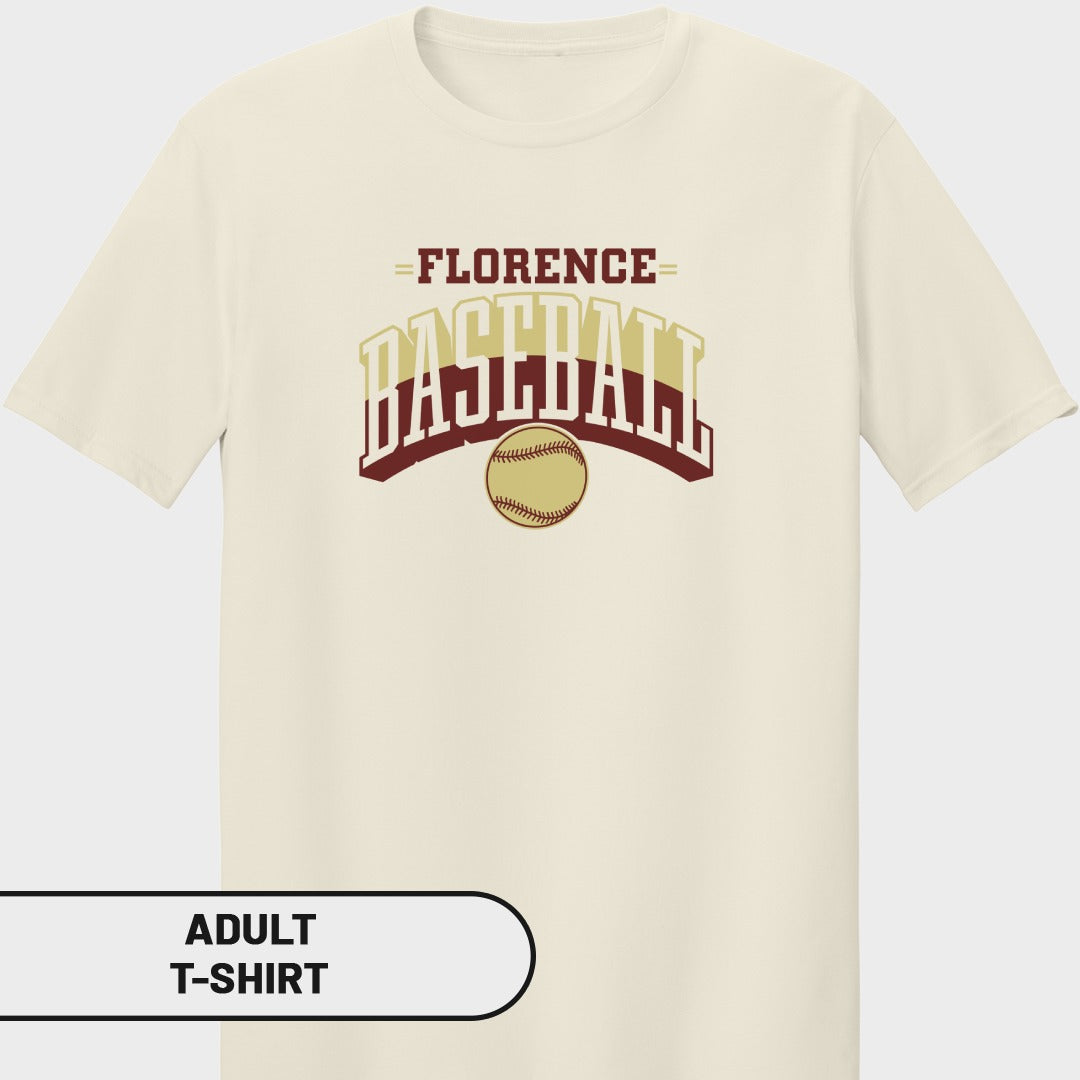 Adult t-shirt with "Florence Baseball" text and baseball graphic.