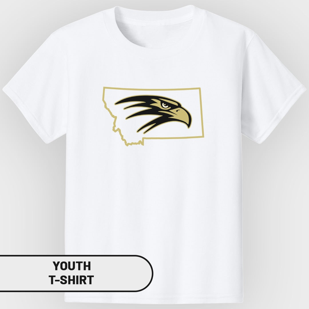 White youth t-shirt with Montana outline and black and gold eagle head graphic.