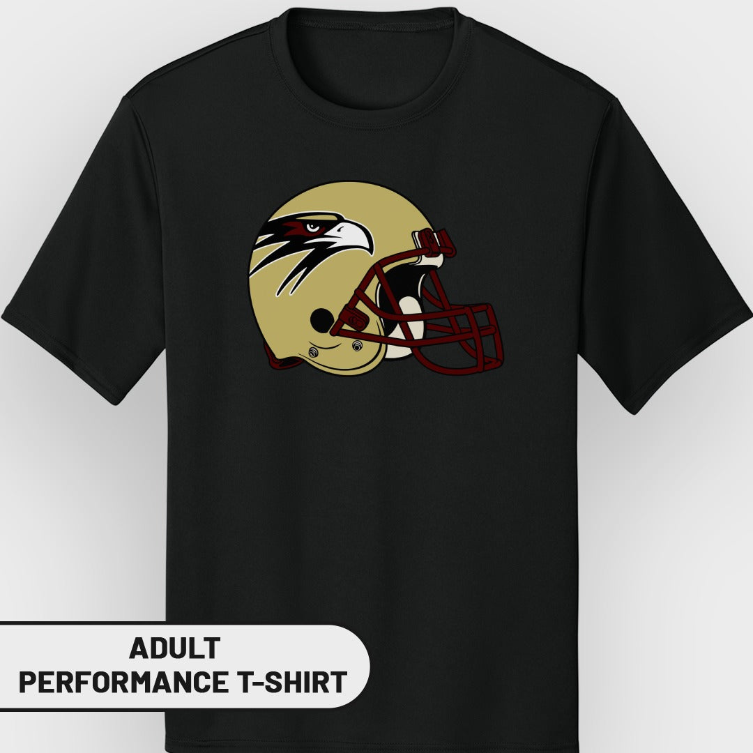 Black adult performance t-shirt with gold football helmet and eagle logo.