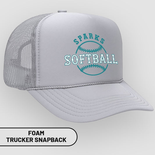 White foam trucker snapback hat with "Sparks Softball" text.