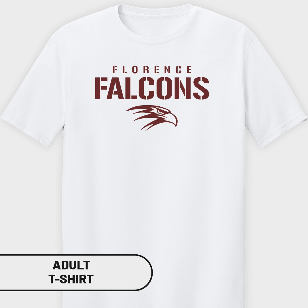 White adult t-shirt with Florence Falcons logo and eagle design.