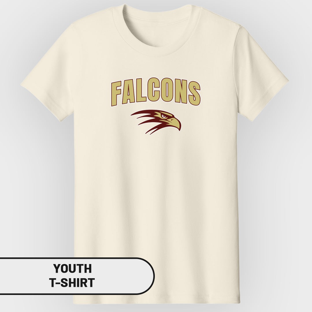 Youth t-shirt with "FALCONS" text and a maroon falcon head logo.