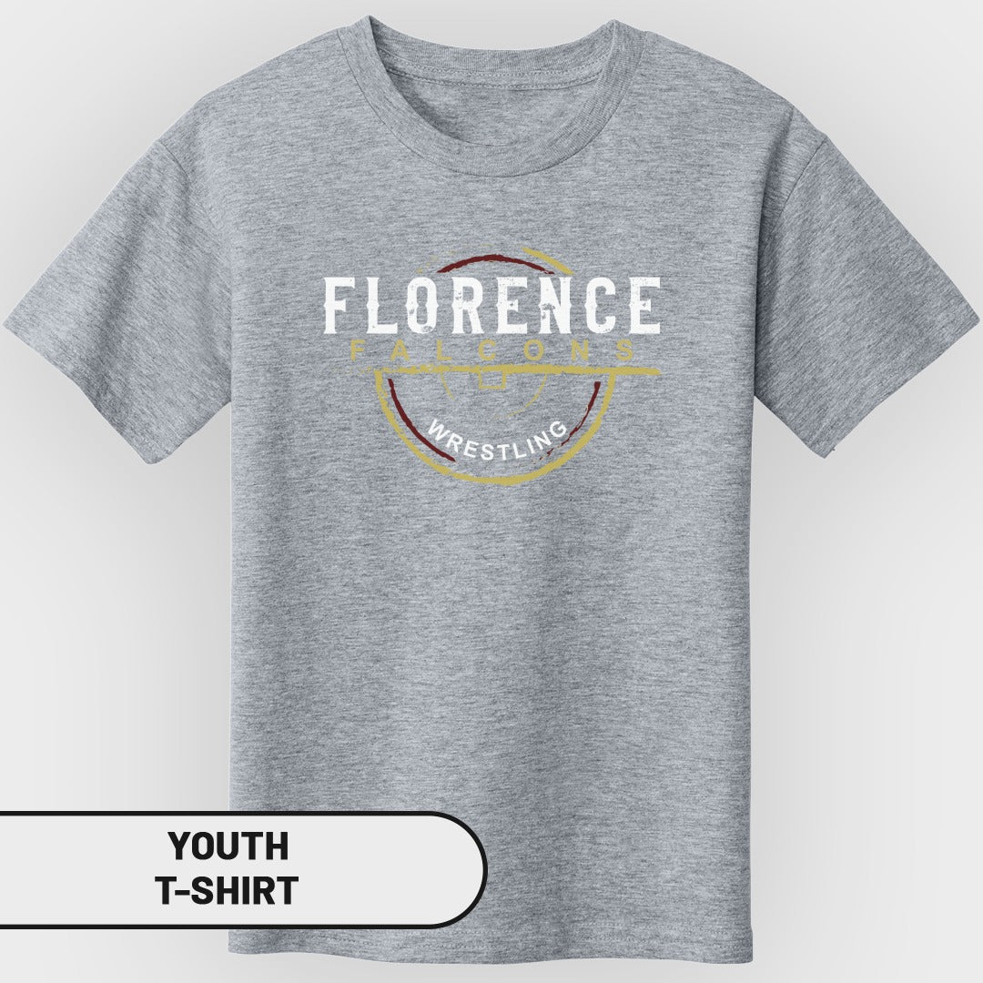 Grey youth t-shirt with Florence Falcons Wrestling circular graphic.