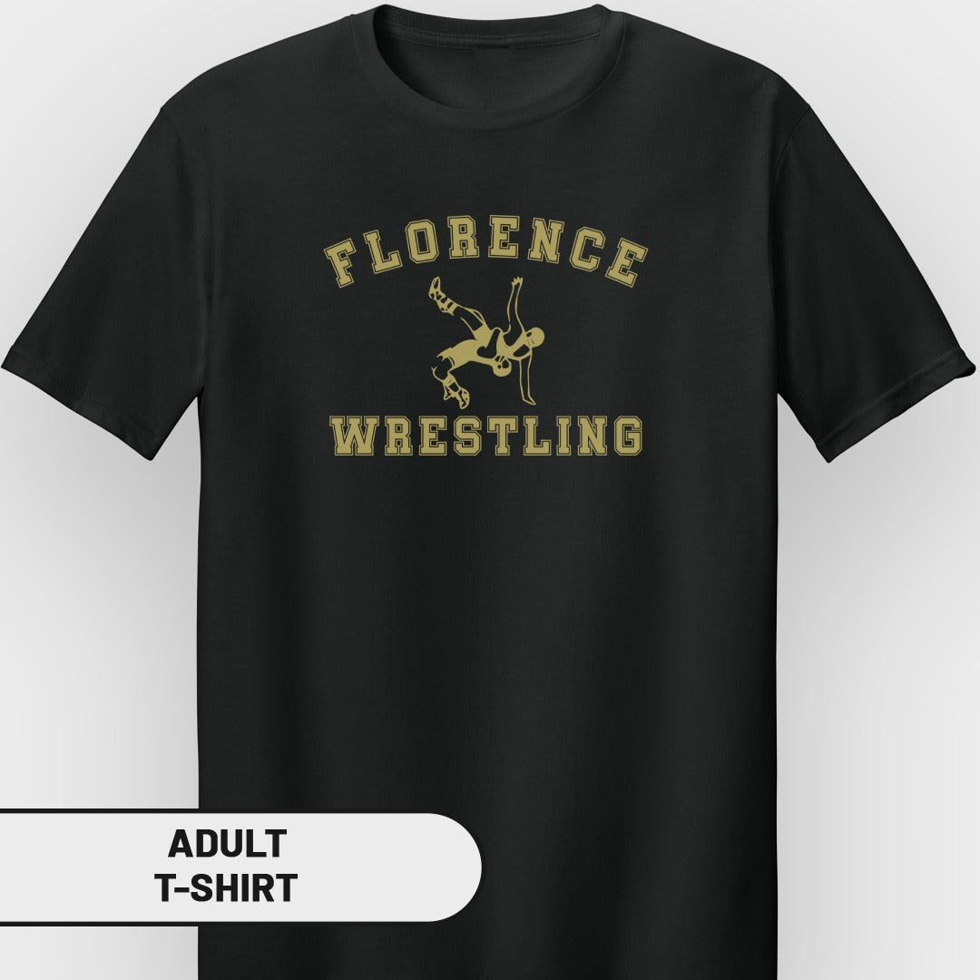 Black t-shirt with gold text and wrestling graphic saying "Florence Wrestling".