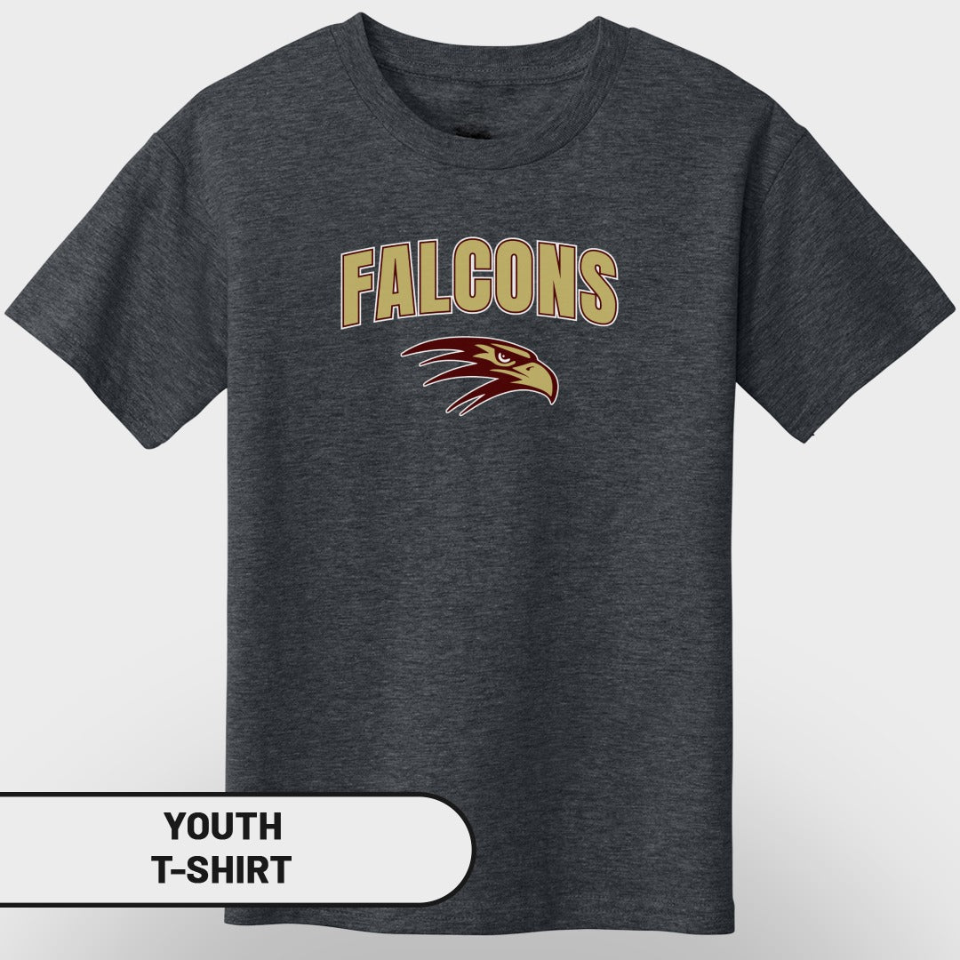 Dark heather youth t-shirt with "Falcons" text and eagle graphic.