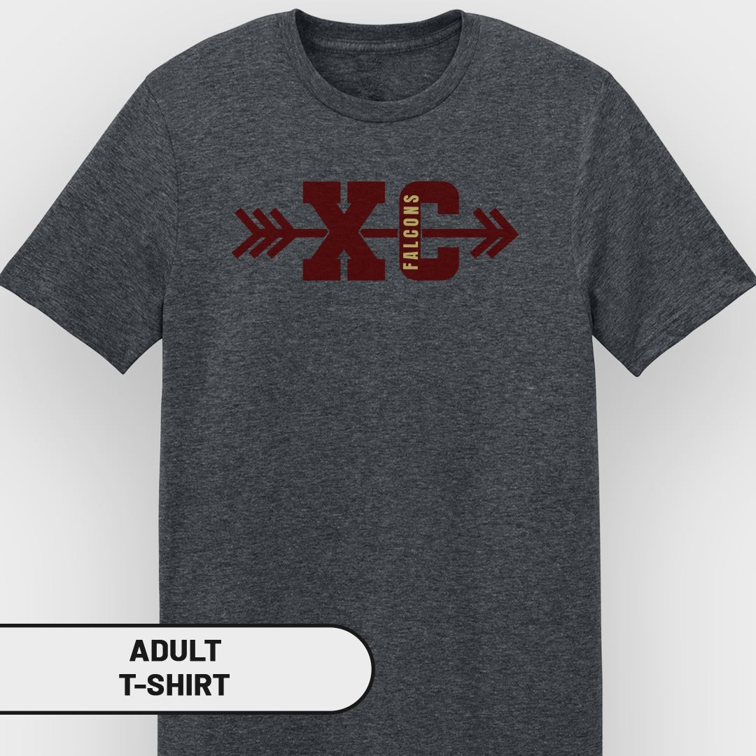 Dark grey t-shirt with maroon "XC Falcons" graphic and arrows.