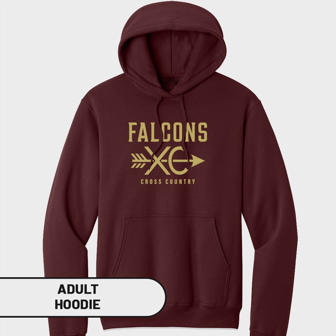 Maroon adult hoodie with gold "FALCONS XC CROSS COUNTRY" graphic.