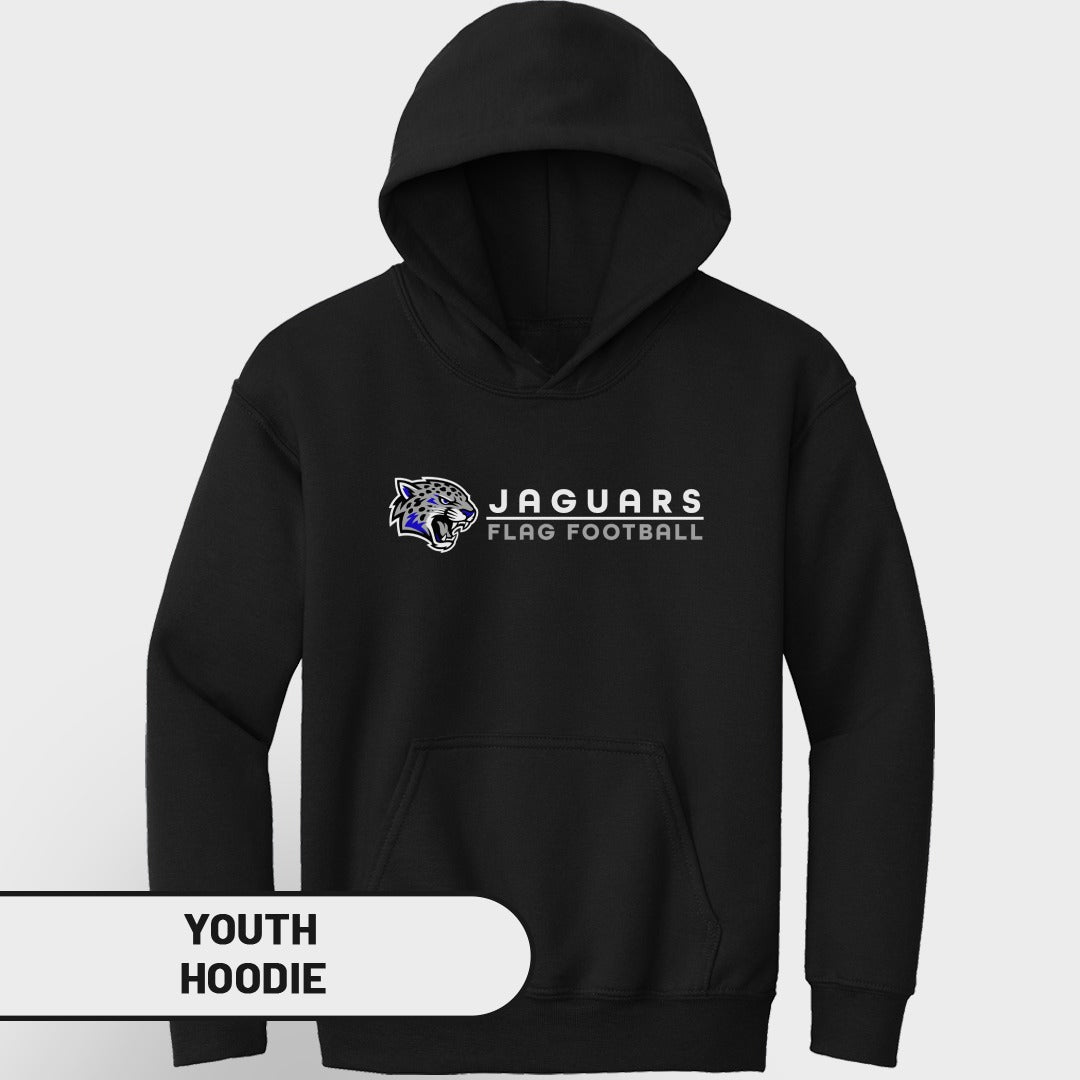 Black youth hoodie with Jaguars flag football logo and text.
