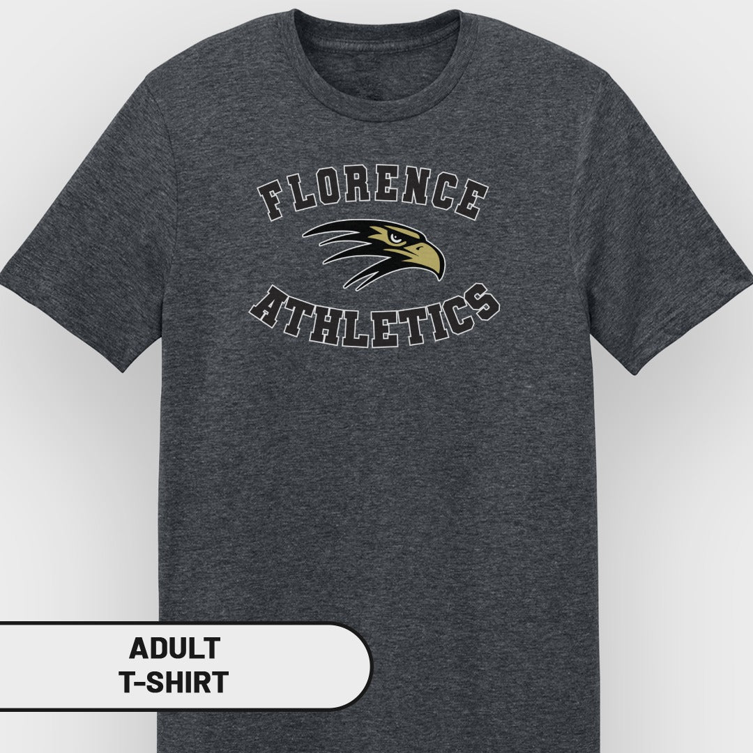 Dark gray adult t-shirt with Florence Athletics eagle logo.