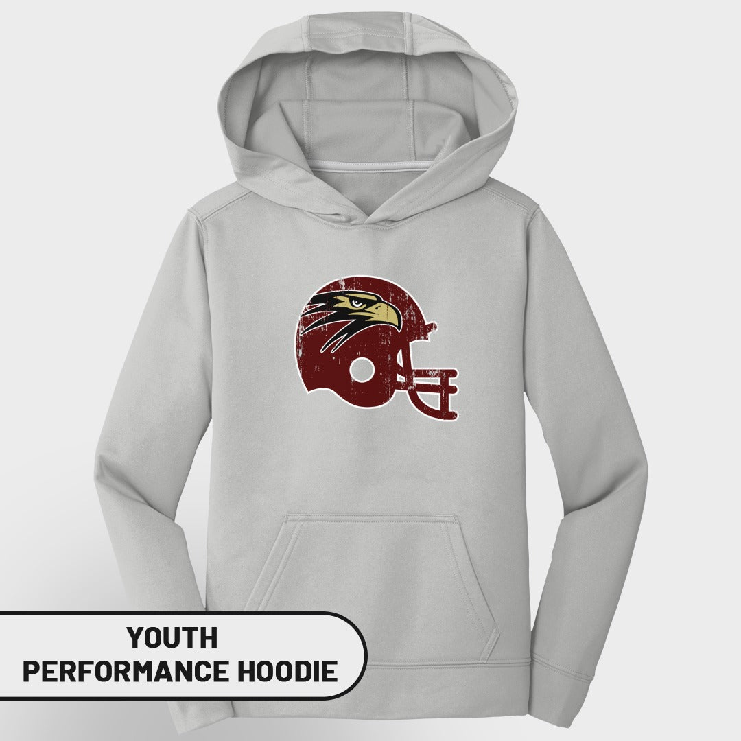 Youth performance hoodie with a maroon distressed eagle helmet graphic.