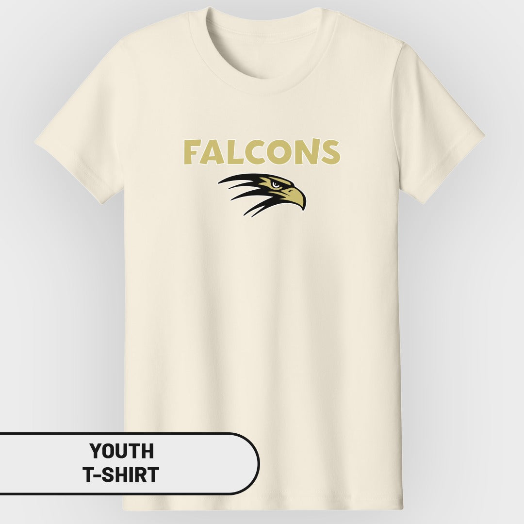 Youth t-shirt with "FALCONS" text and a stylized eagle head logo.