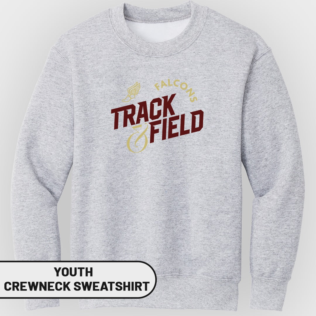 Light grey youth crewneck sweatshirt with "Falcons Track & Field" graphic.