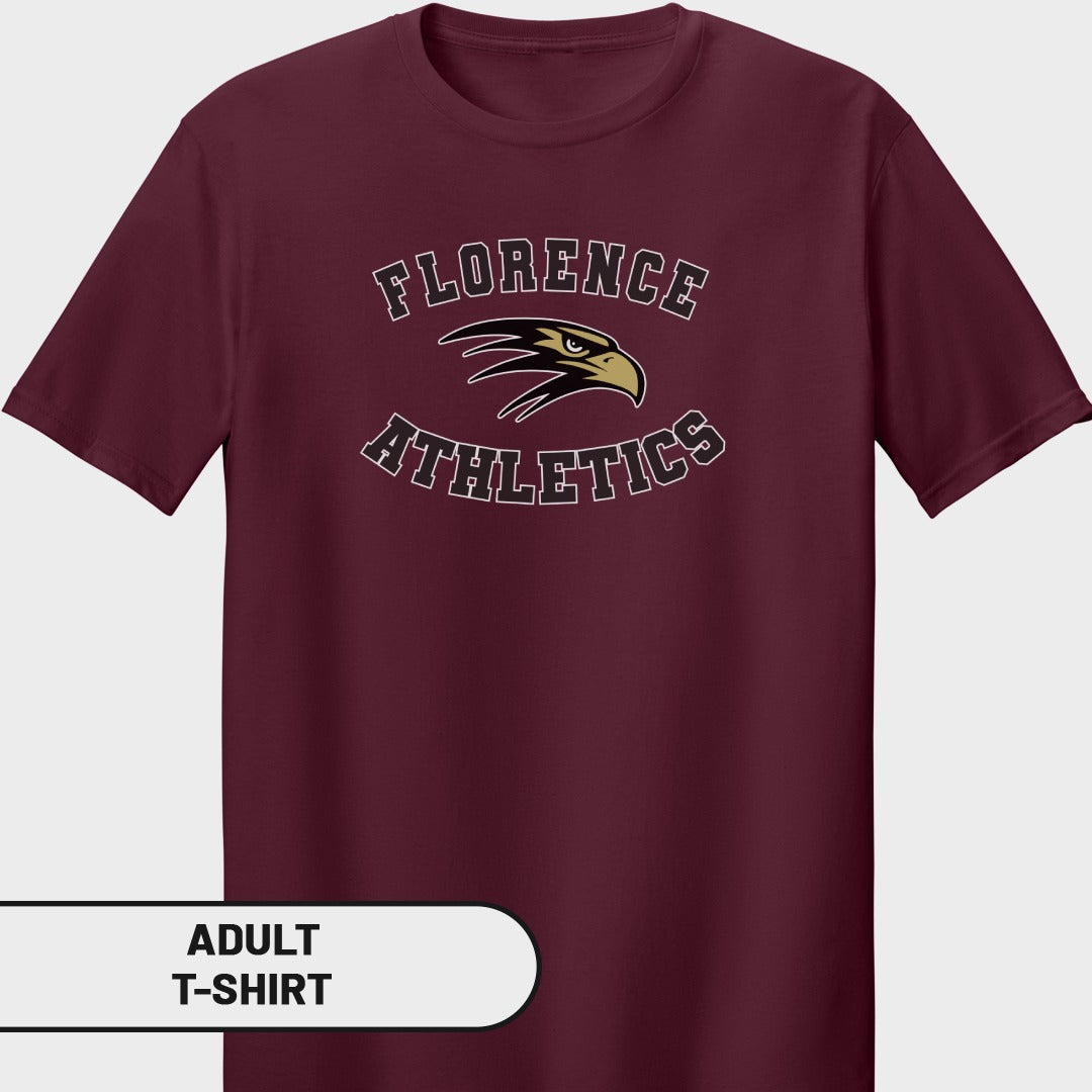 Maroon adult t-shirt with "Florence Athletics" and eagle logo graphic.