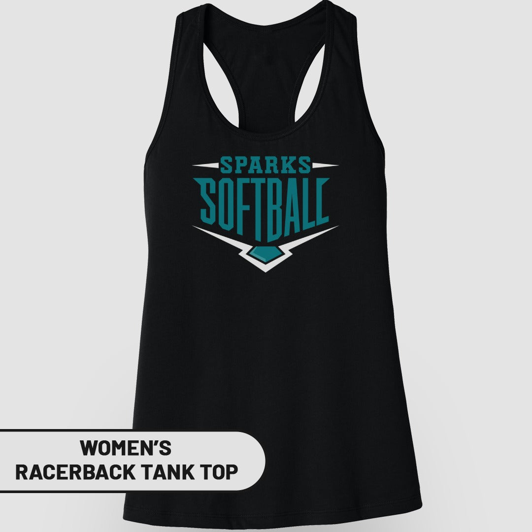 Black women's racerback tank top with "SPARKS SOFTBALL" graphic.