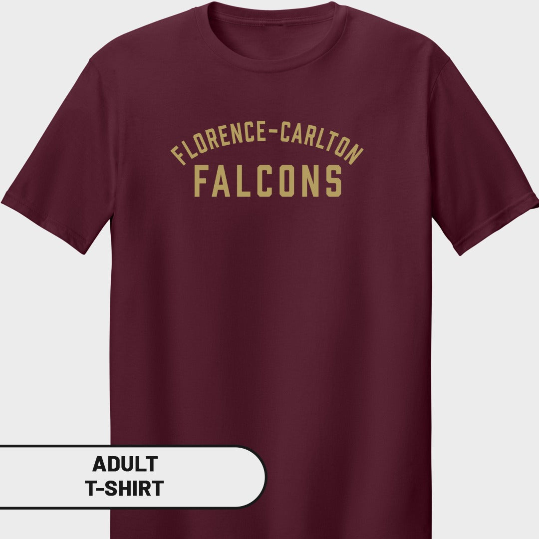 Maroon adult t-shirt with "Florence-Carlton Falcons" text in gold.