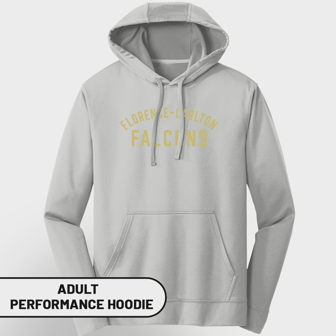 Light gray adult performance hoodie with "Florence-Carlton Falcons" text.