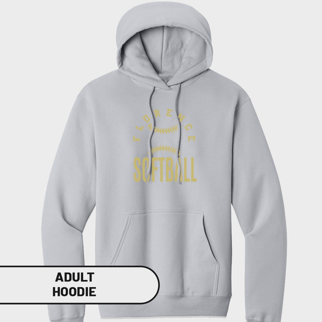 Light grey adult hoodie with yellow "FLORENCE SOFTBALL" text and softball graphic.