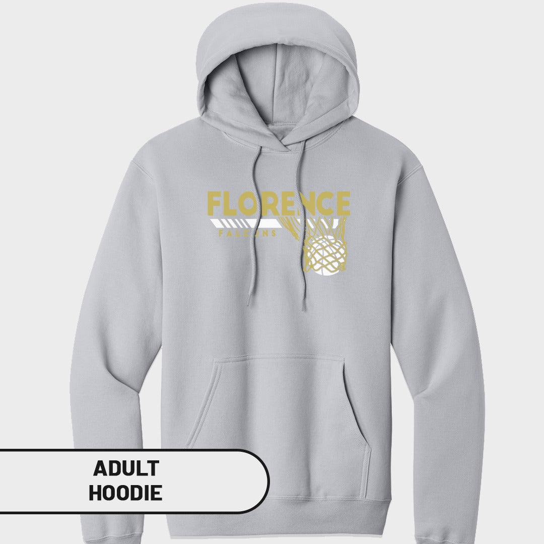 Grey adult hoodie with "Florence Falcons" text and basketball in net graphic.