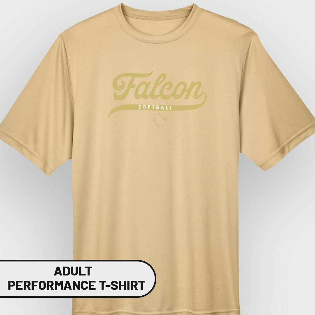 Tan adult performance t-shirt with "Falcon Softball" text and softball graphic.