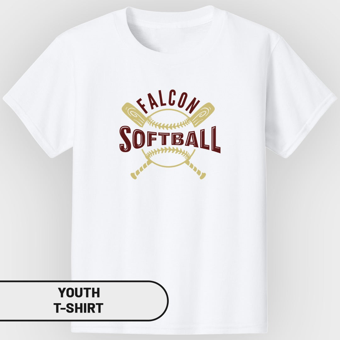 White youth t-shirt with a maroon and gold Falcon Softball logo.