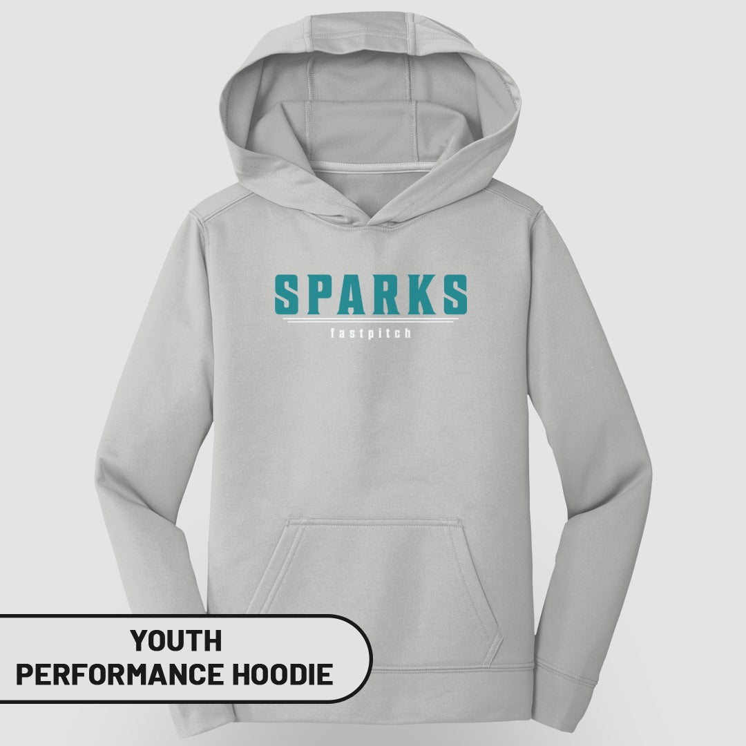 Gray youth performance hoodie with "SPARKS fastpitch" logo.
