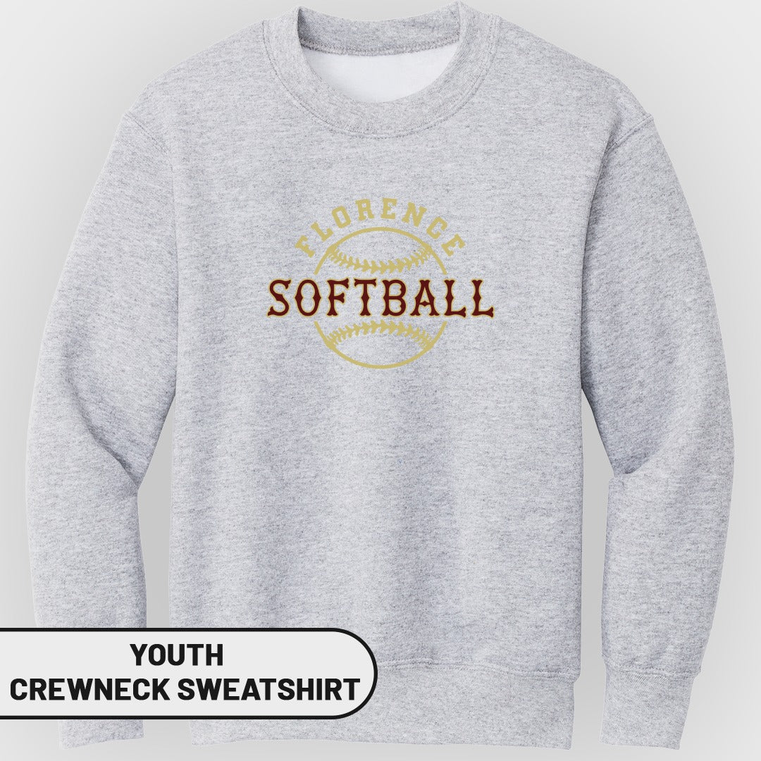 Light grey youth crewneck sweatshirt with "Florence Softball" and a softball graphic.