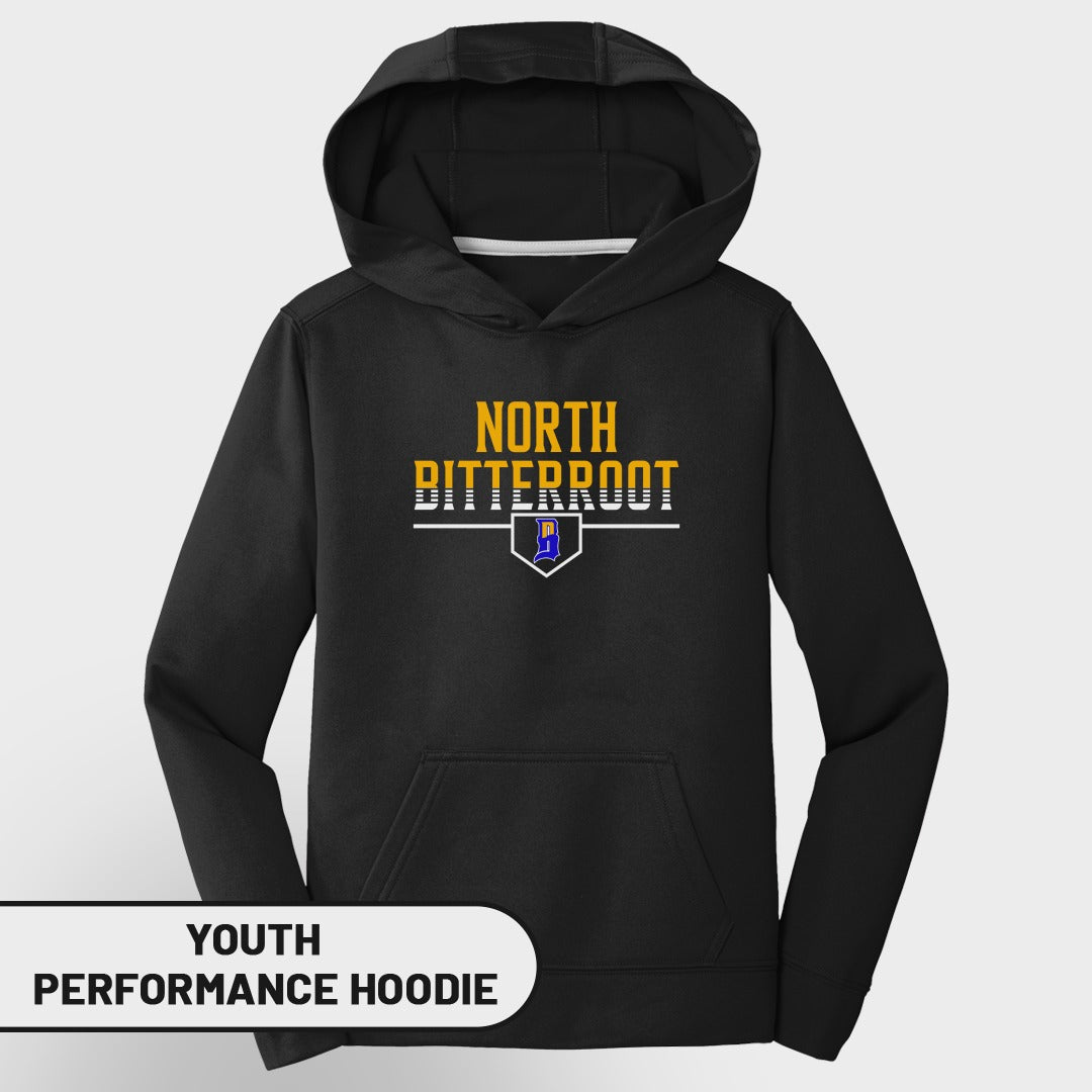 Youth North Bitterroot performance hoodie with shield logo.