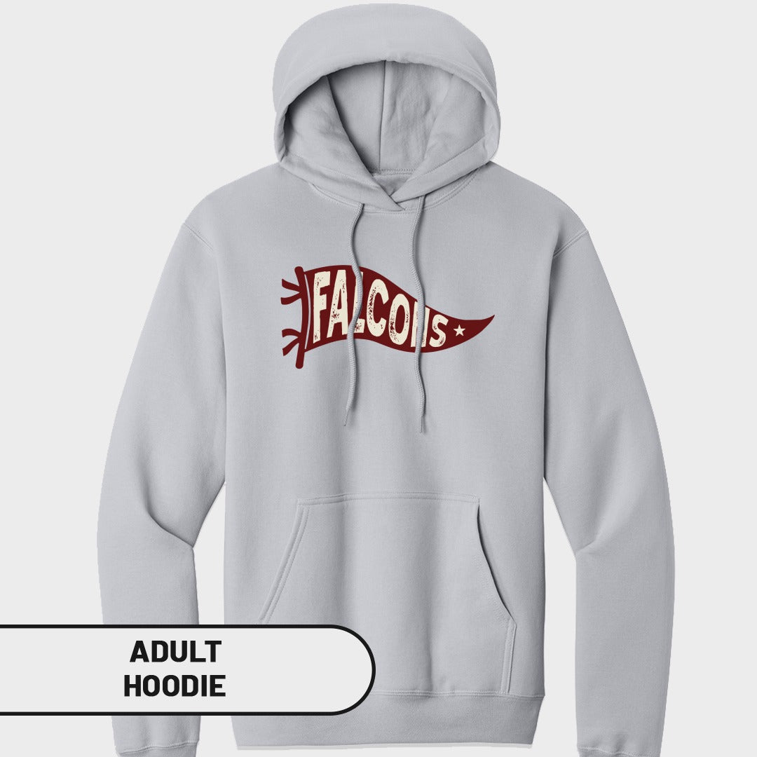Light gray adult hoodie with a red "Falcons" pennant graphic on the chest.
