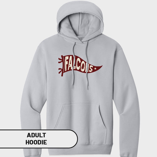 Light gray adult hoodie with a red "Falcons" pennant graphic on the chest.