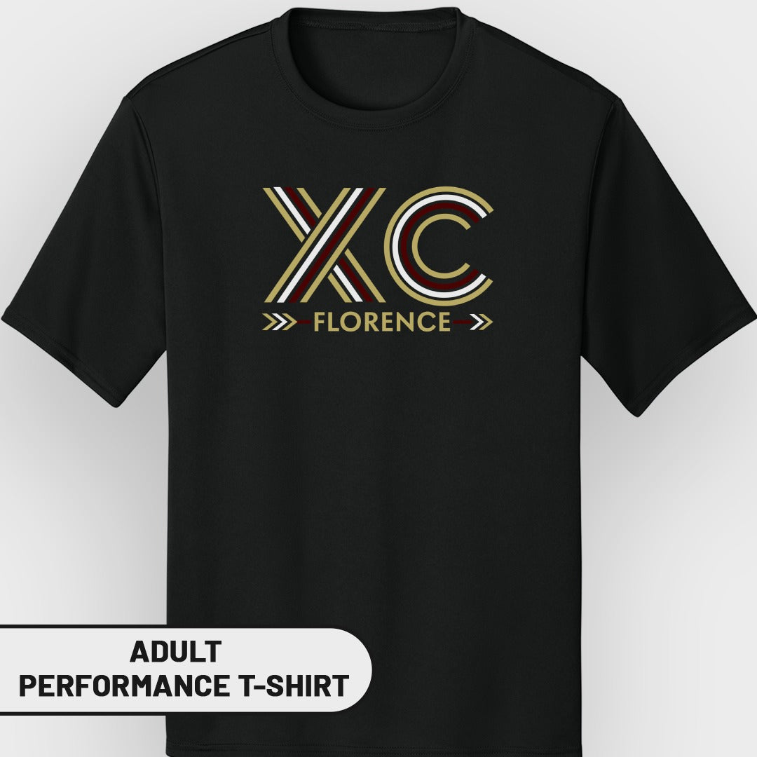 Black adult performance t-shirt with "XC Florence" graphic.