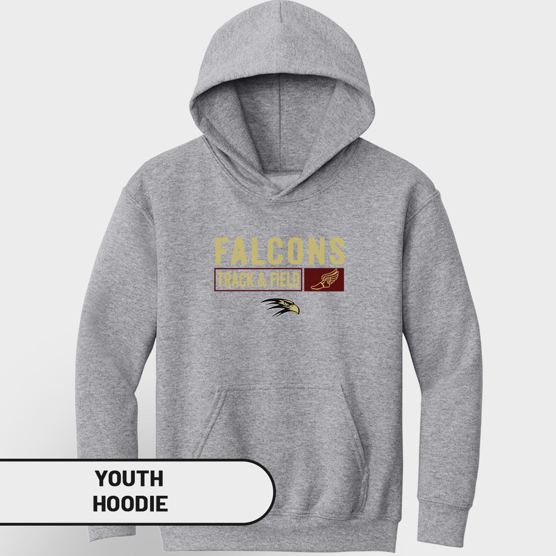 Grey youth hoodie with "FALCONS TRACK & FIELD" and a falcon logo.