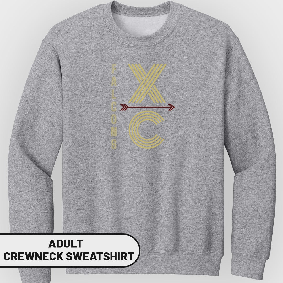 Grey adult crewneck sweatshirt with "Falcons XC" graphic design.