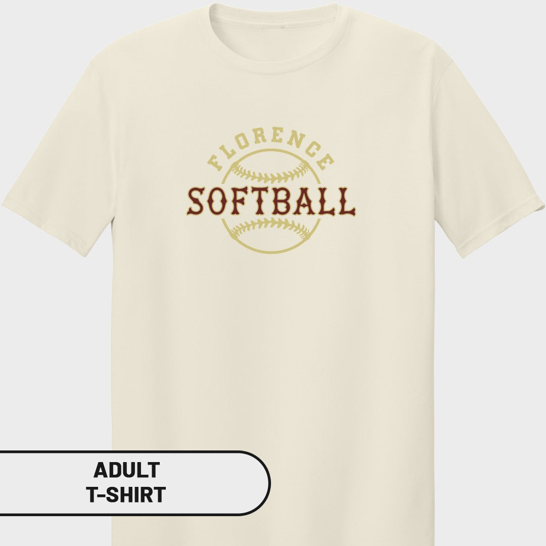 Cream adult t-shirt with "FLORENCE SOFTBALL" text and baseball graphic.