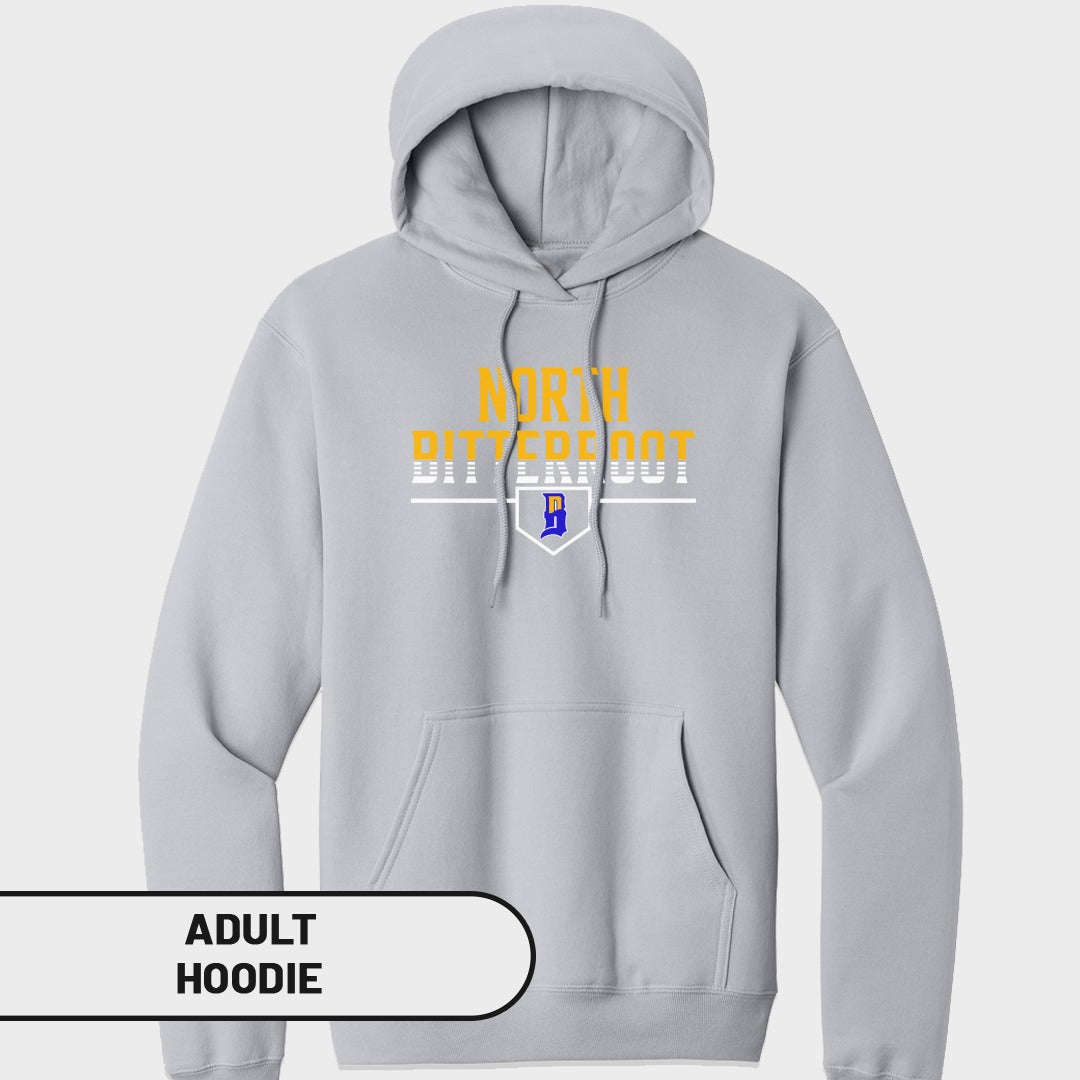 Light gray adult hoodie with "NORTH BITTERROOT" and a yellow and blue "B" logo.
