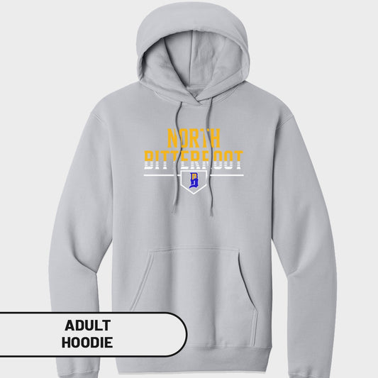 Light gray adult hoodie with "NORTH BITTERROOT" and a yellow and blue "B" logo.