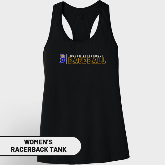 Black women's racerback tank with "North Bitterroot Baseball" logo.