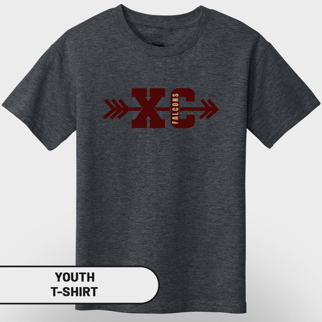 Dark gray youth t-shirt with maroon "XC FALCONS" text and arrow graphics.